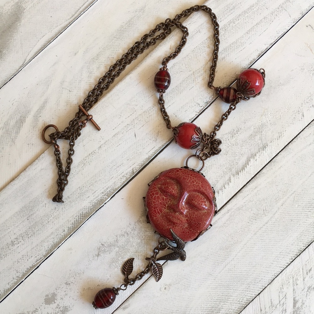 Handcrafted Cracked Smiling Moon Necklace 18copper